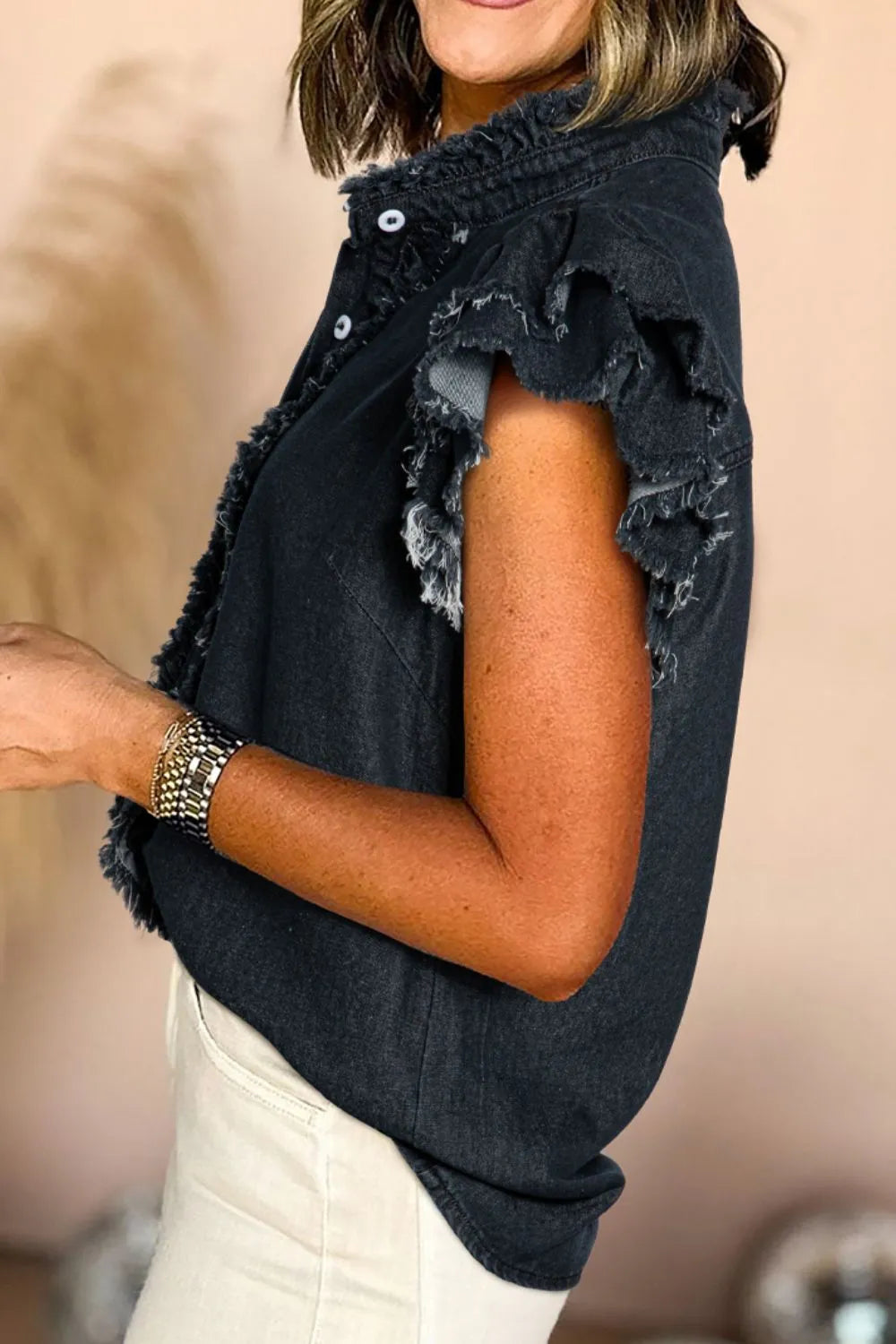 Button Down Raw Hem Ruffled Denim Shirt 