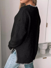 Slit Contrast Trim Round Neck Sweater 