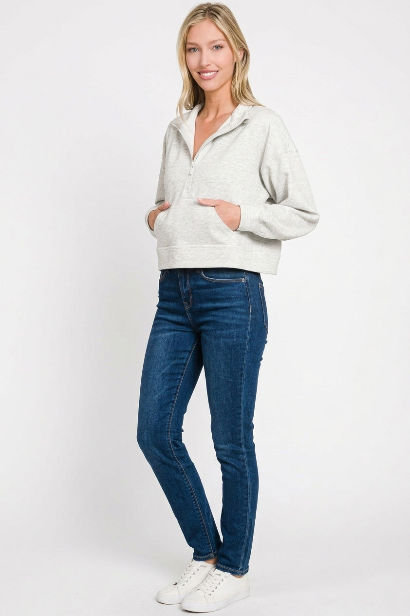 Zenana Scuba Half Zip Pullover With Kangaroo Pockets 