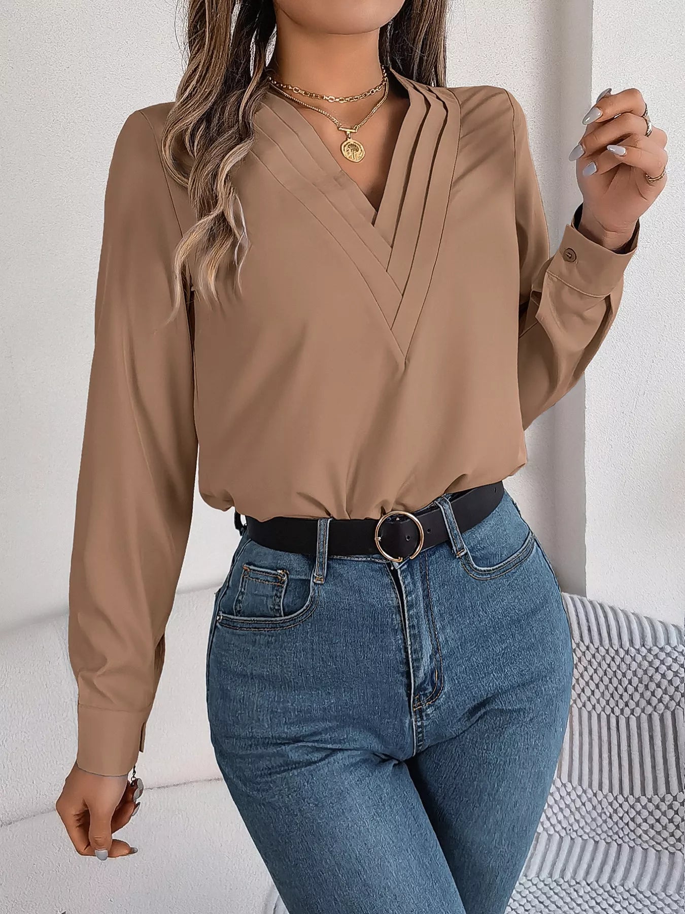 Layered V-Neck Long Sleeve Blouse 