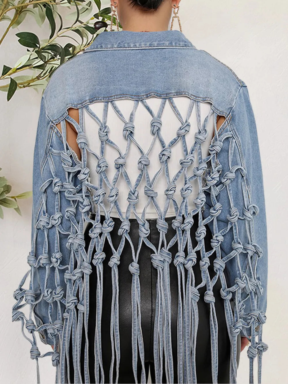 Tie Detail Button Up Denim Jacket with Pockets 