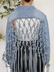 Tie Detail Button Up Denim Jacket with Pockets 