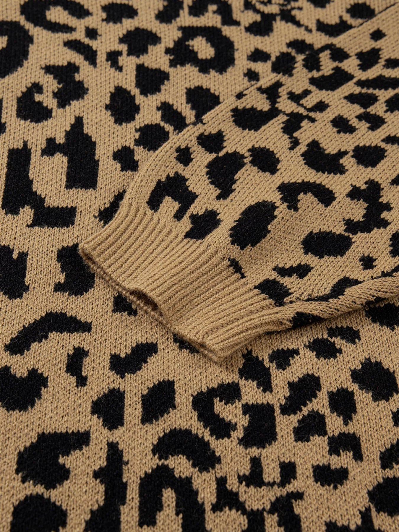 Ribbed Trim Round Neck Leopard Drop Shoulder Sweater 