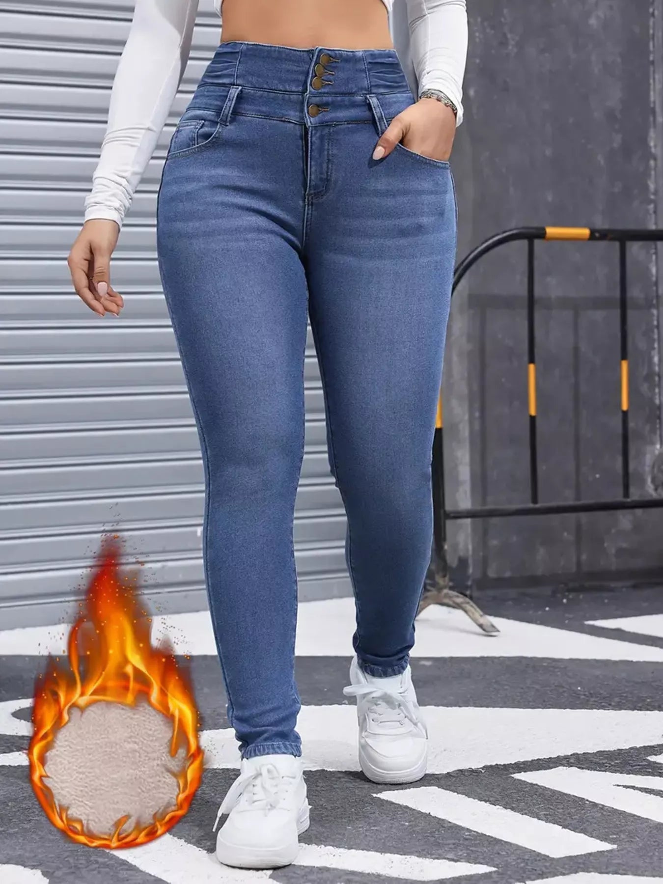 High-Waisted Slim Fit Fleece-Lined Jeans 