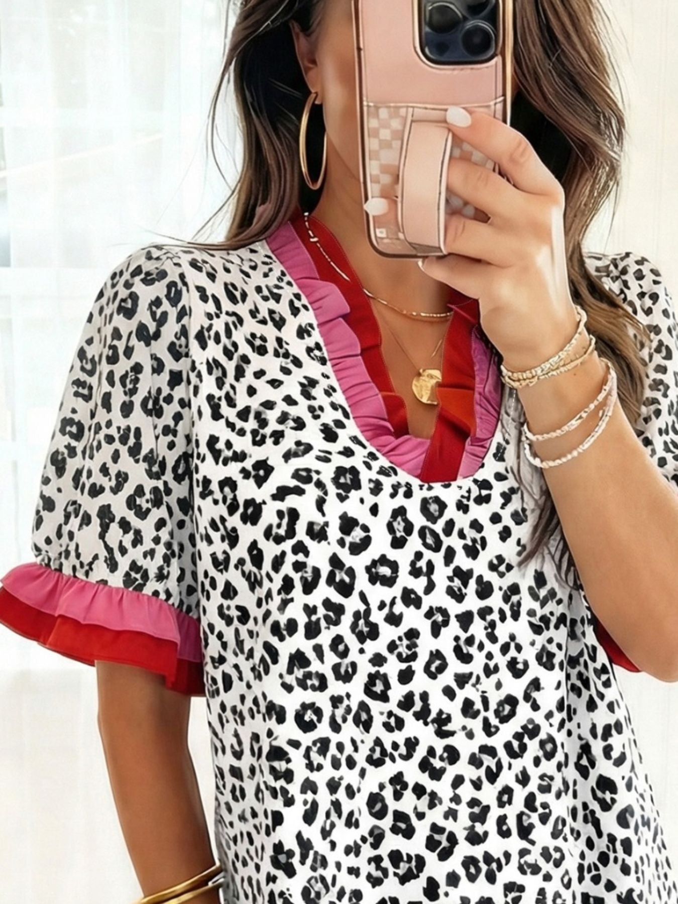 Leopard Print Frill Short Sleeve Blouse 