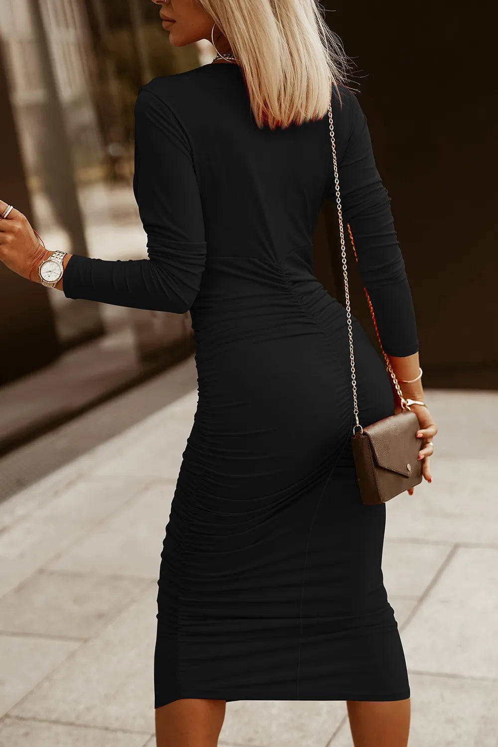 Ruched Surplice Long Sleeve Midi Dress 