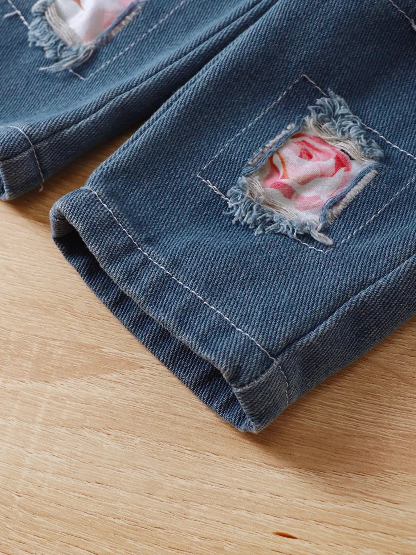 Children's Floral Ruffle Trim Top & Distressed Jeans Set 