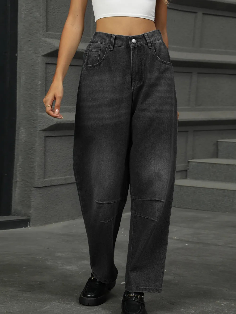 Half Elastic Waist Straight Leg Jeans 