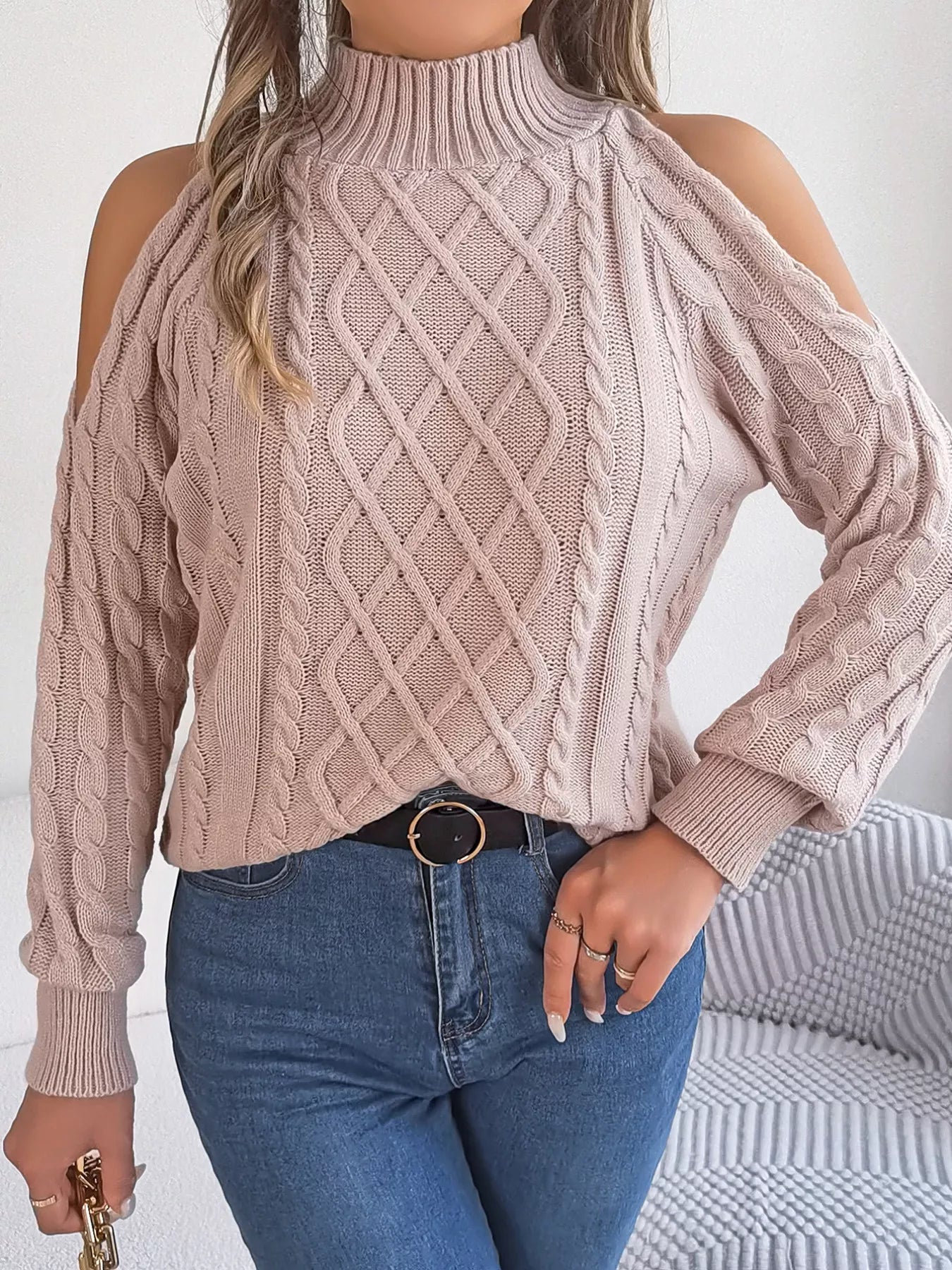 Cable Knit Cold Shoulder Turtleneck Sweater 