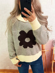 Striped Flower Raglan Sleeve Sweater 