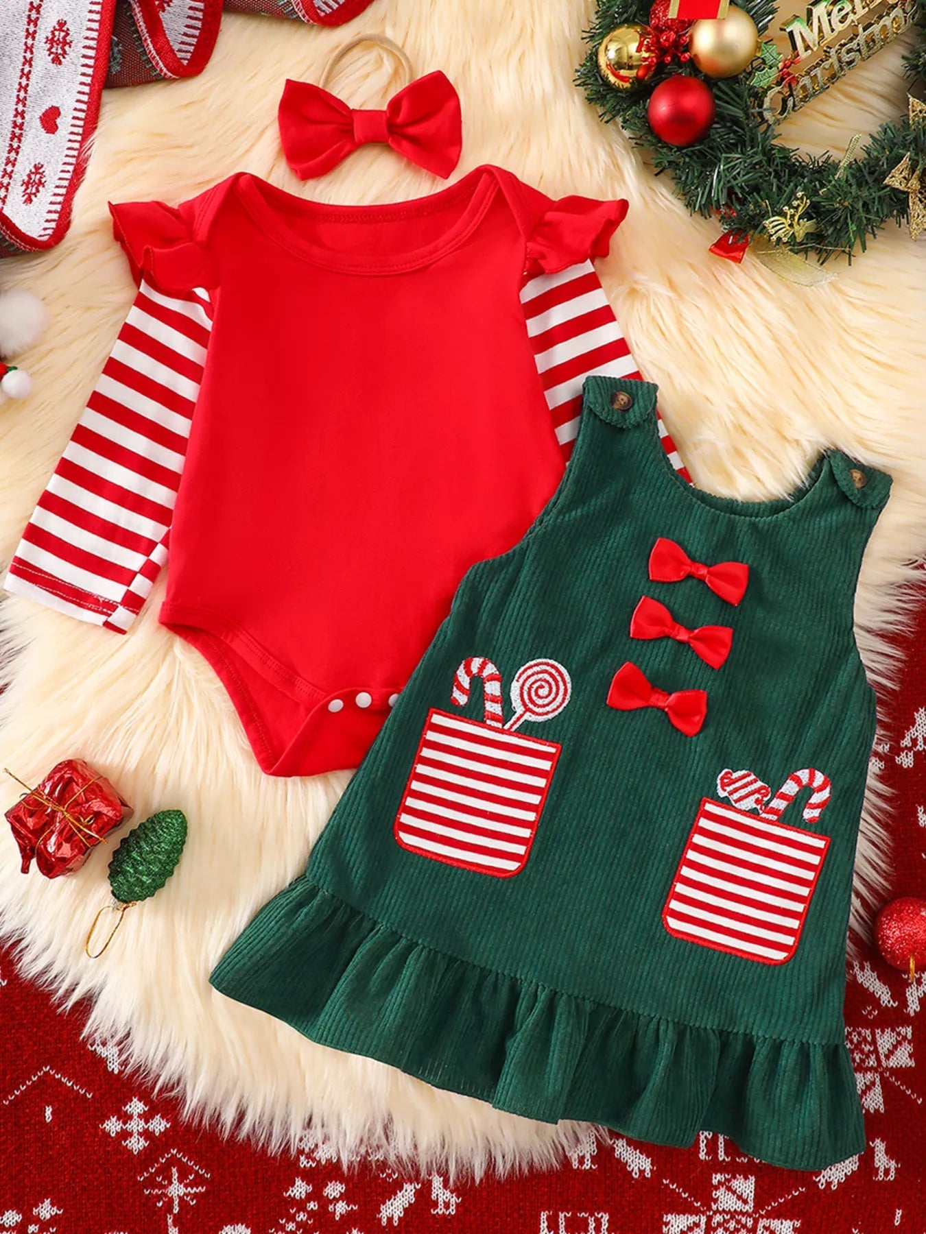 Children's Christmas Striped Bodysuit and Dress Set with Headband 