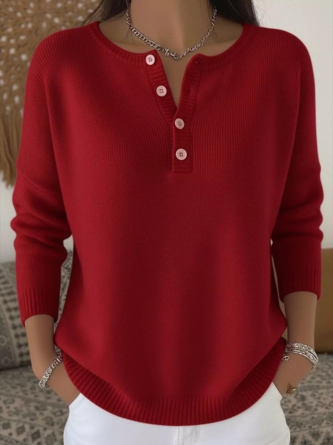 Full Size Half Button Long Sleeve Knit Top Plus Size 