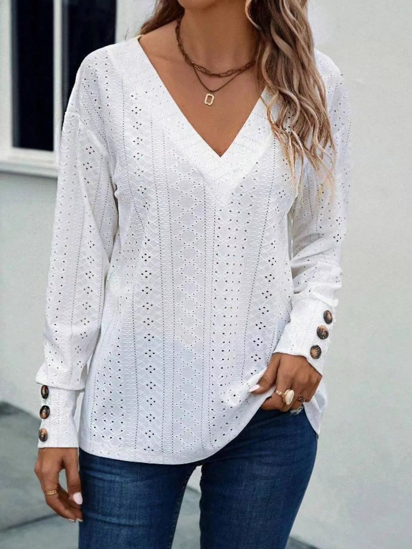 Eyelet V-Neck Long Sleeve Blouse 