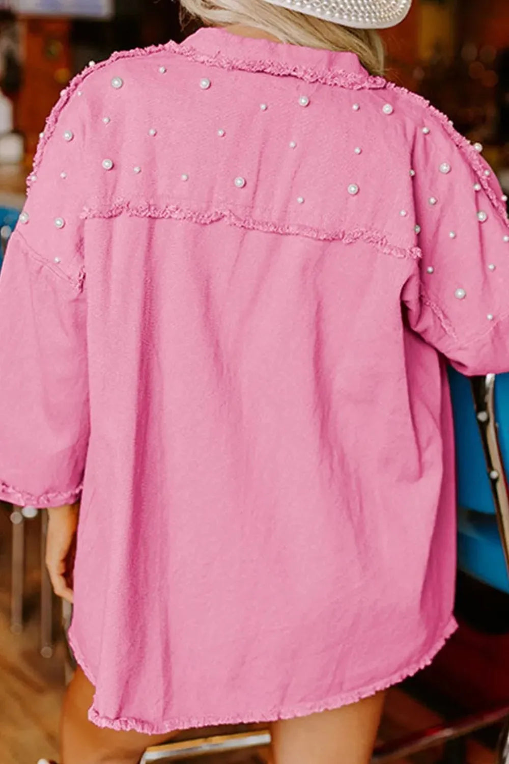 Raw Hem Pearl Trim Dropped Shoulder Denim Jacket 
