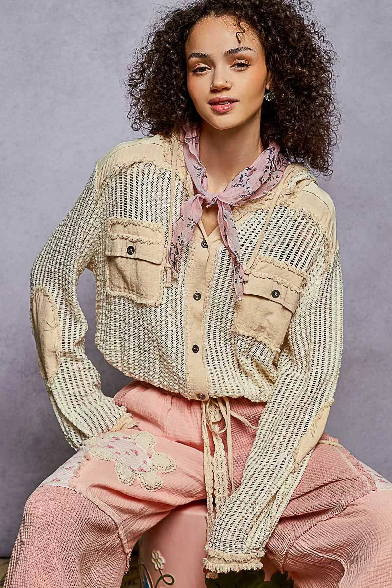 POL Texture Woven Button Down Hooded Shirt with Drawstring Hem 