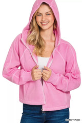 Zenana Fleece Pigment Dye Zip Up Hoodie with Pockets 