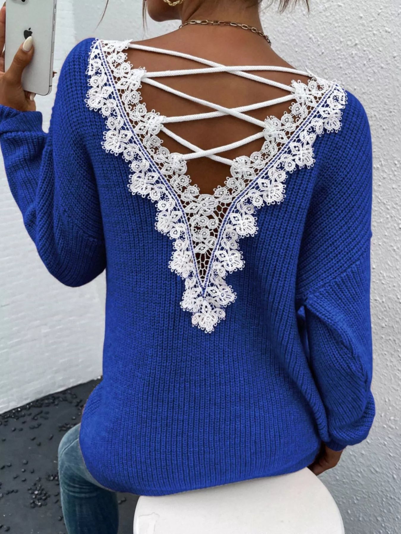Lace-Trimmed Back V-Neck Sweater 