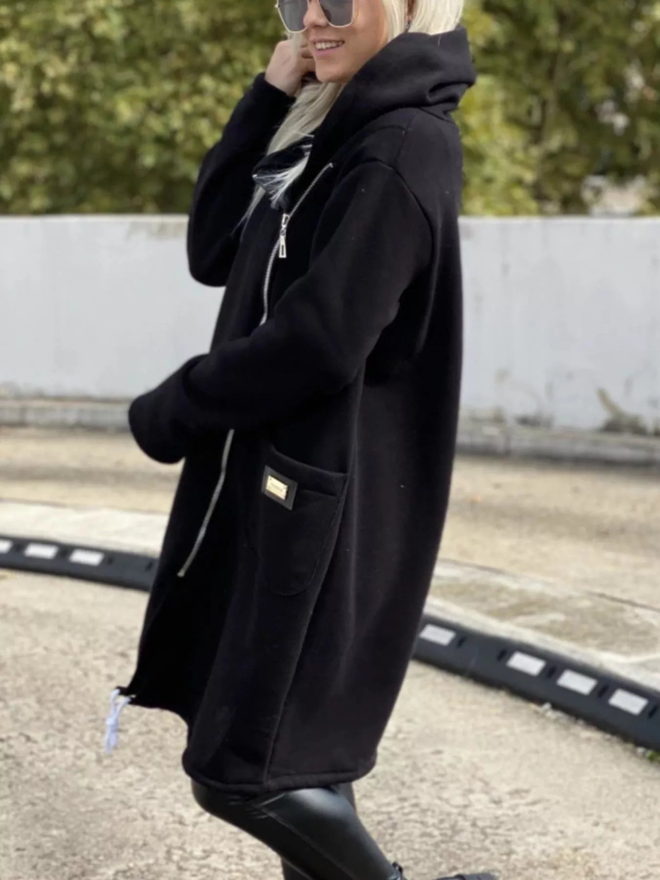 Full Size Asymmetrical Zip-Up Hooded Fleece Outerwear Plus Size 
