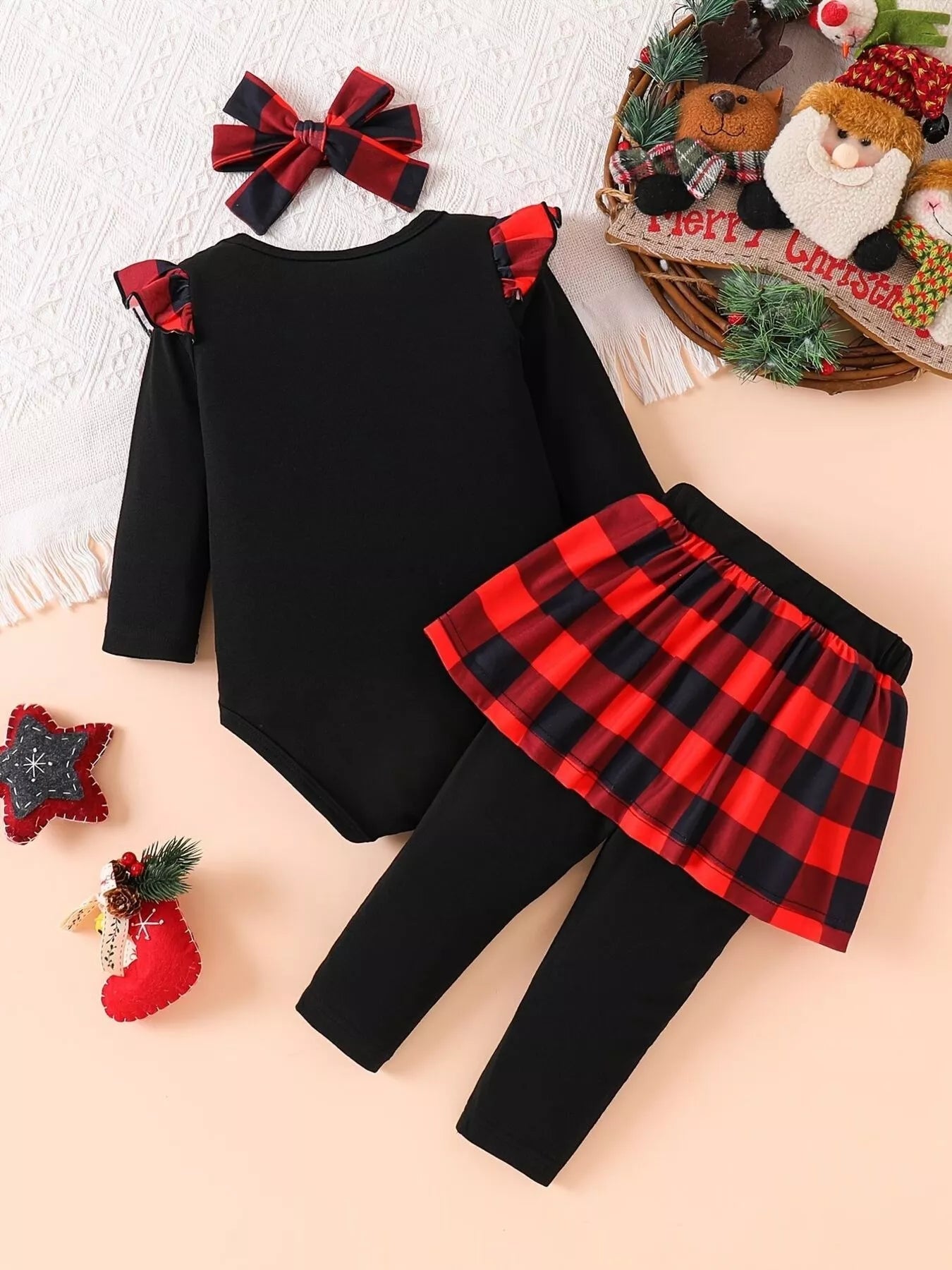 Children's Christmas Bodysuit and Pants Set with Headband 