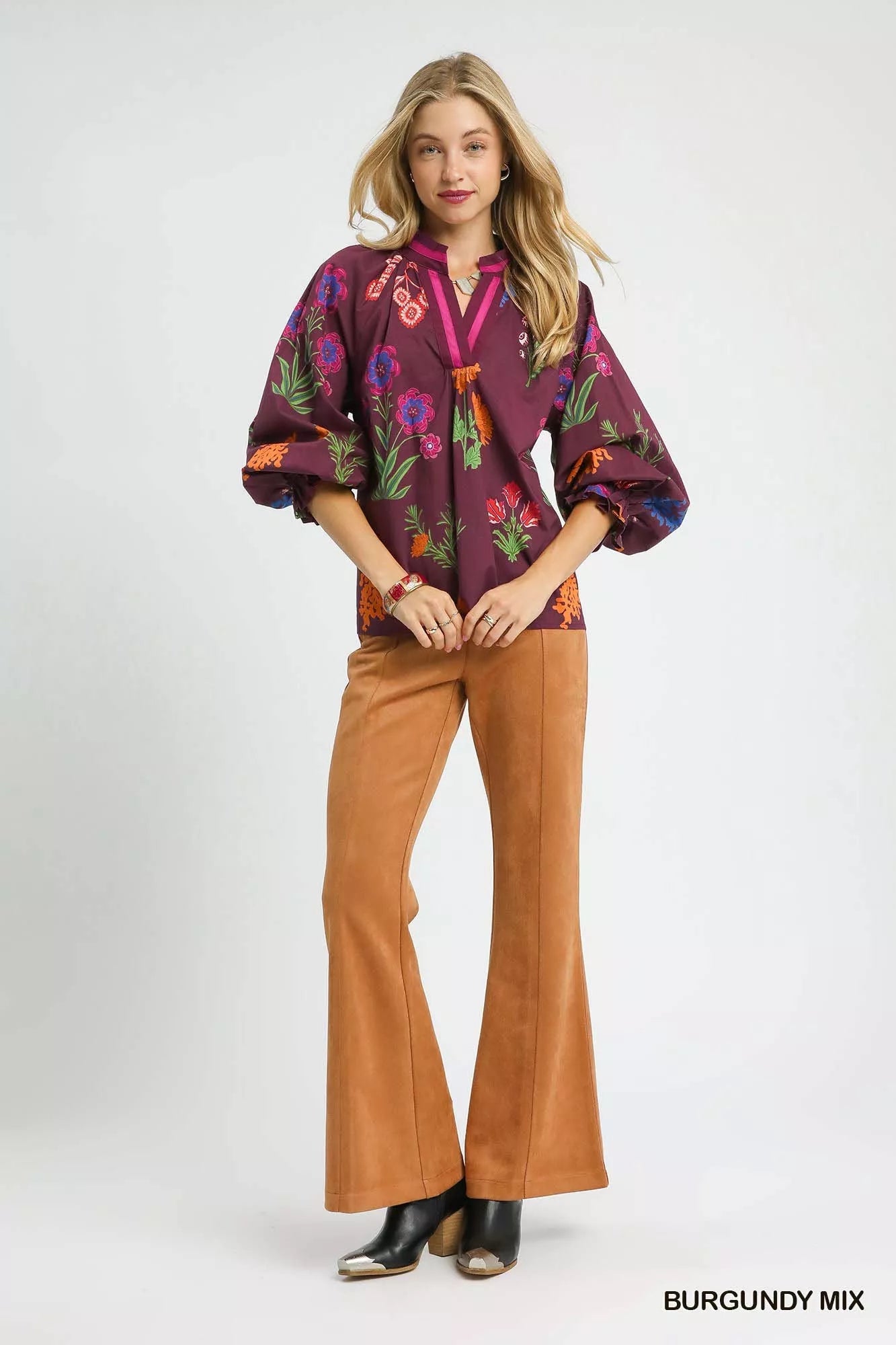 Umgee Floral Print Flounce Sleeve Blouse 