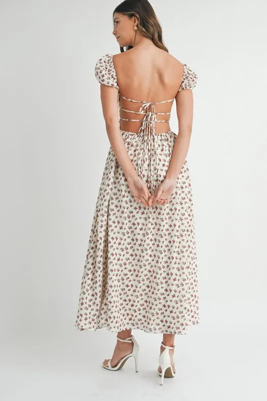 MABLE Floral Print Puff Sleeve Gathered Midi Dress 