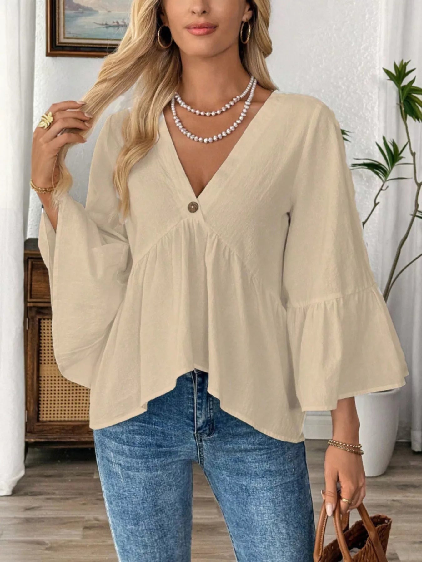 V-Neck Bell Sleeve Blouse 
