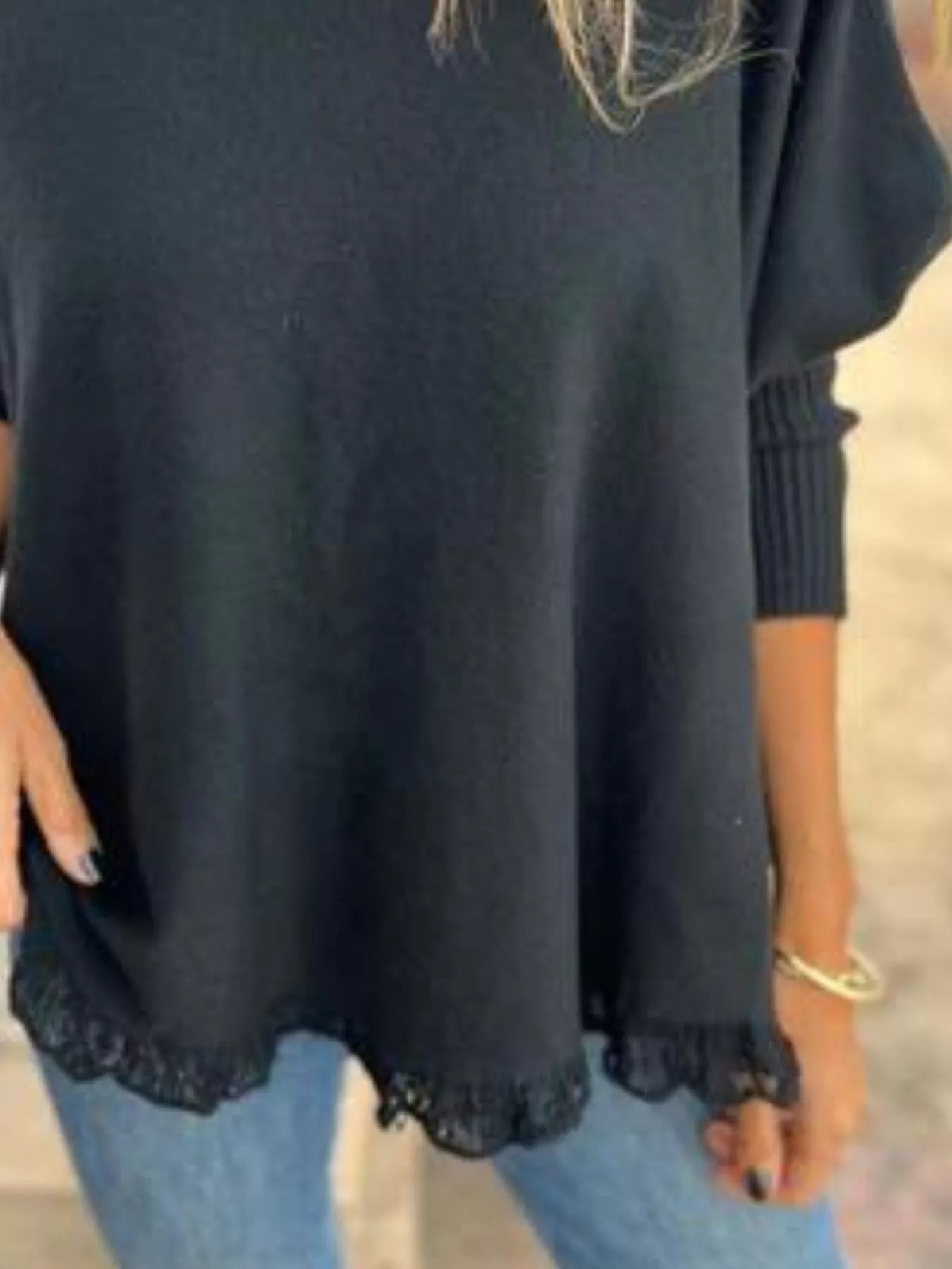 Full Size Round Neck Long Sleeve Knit Top with Lace Trim Plus Size 