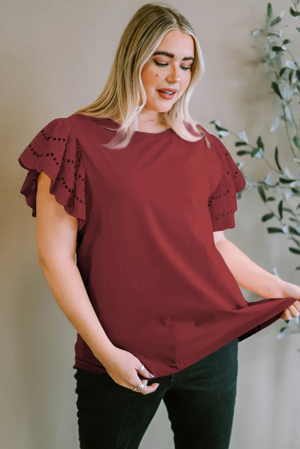 Plus Size Eyelet Round Neck Short Sleeve Blouse 