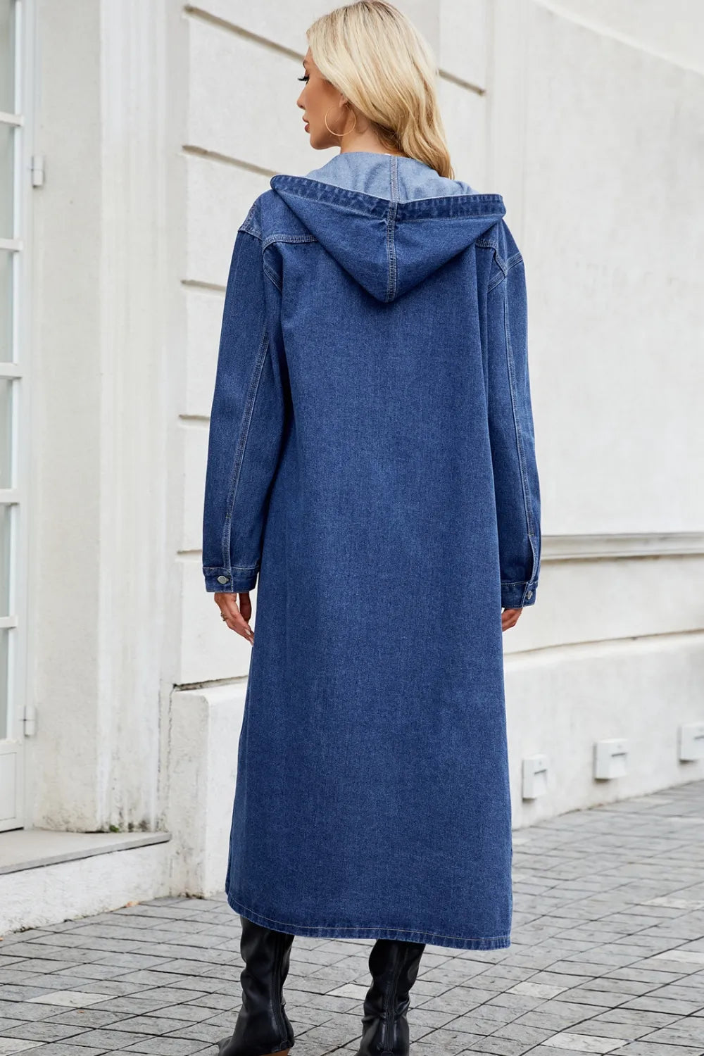 Button Up Long Sleeve Longline Hooded Denim Outerwear 
