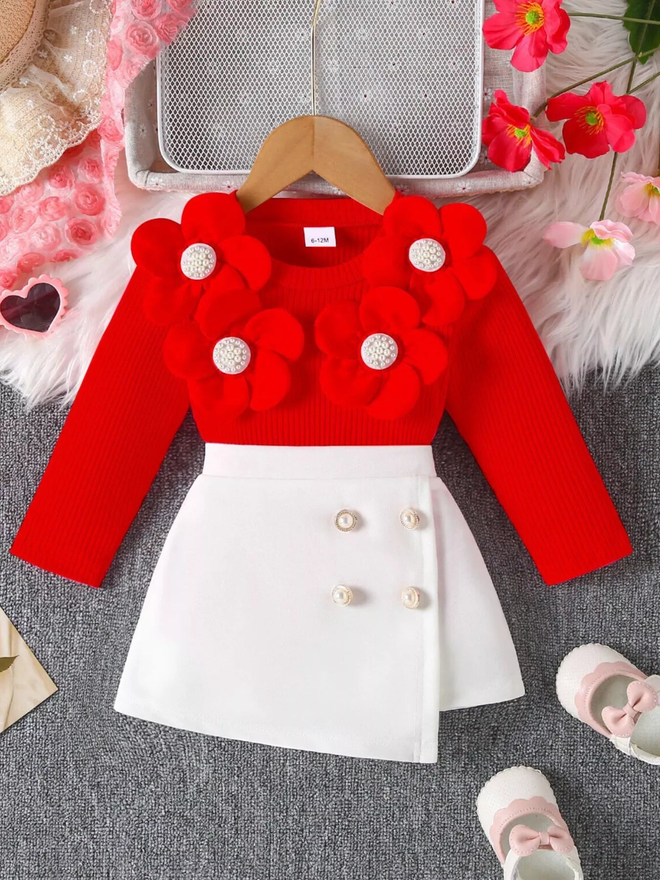 Children's Floral Applique Ribbed Top & Button Decor Skirt Set 
