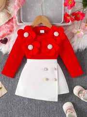Children's Floral Applique Ribbed Top & Button Decor Skirt Set 