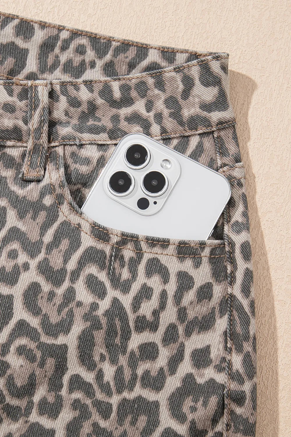 Leopard Frayed Edge Wide Leg High Waist Jeans 