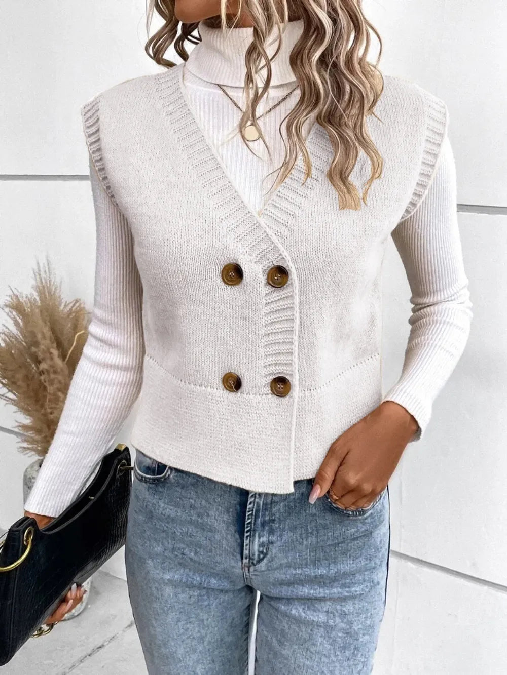 Full Size Button Up V-Neck Sweater Vest 