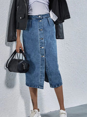 Buttoned Denim Skirt with Pockets 