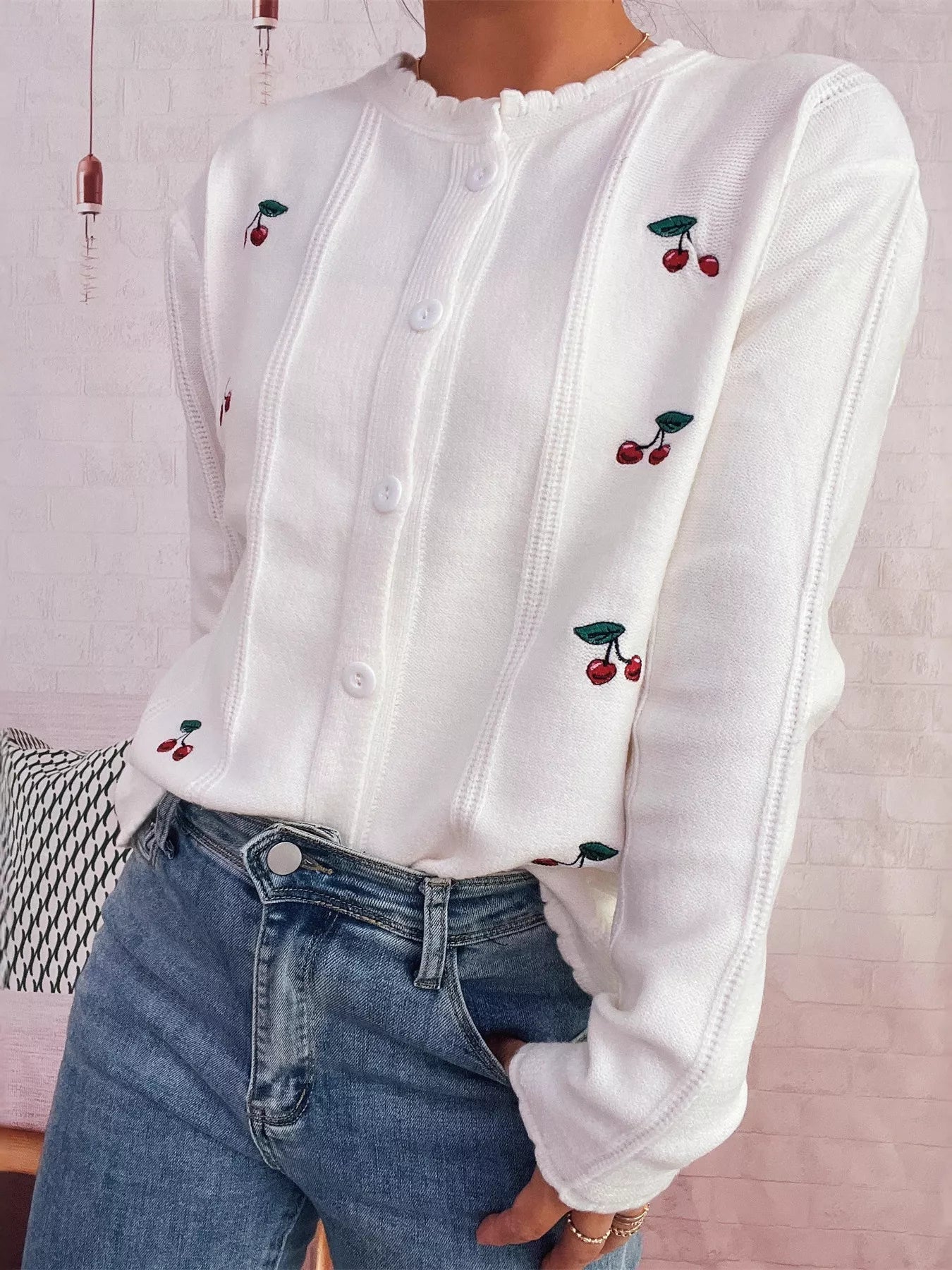 Cherry Embroidered Button Up Cardigan 