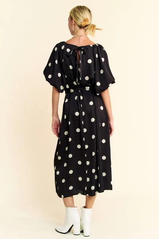 Davi & Dani Polka Dot Puff Sleeves Waist Tie Midi Dress 