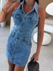 Button Front Sleeveless Denim Mini Dress 