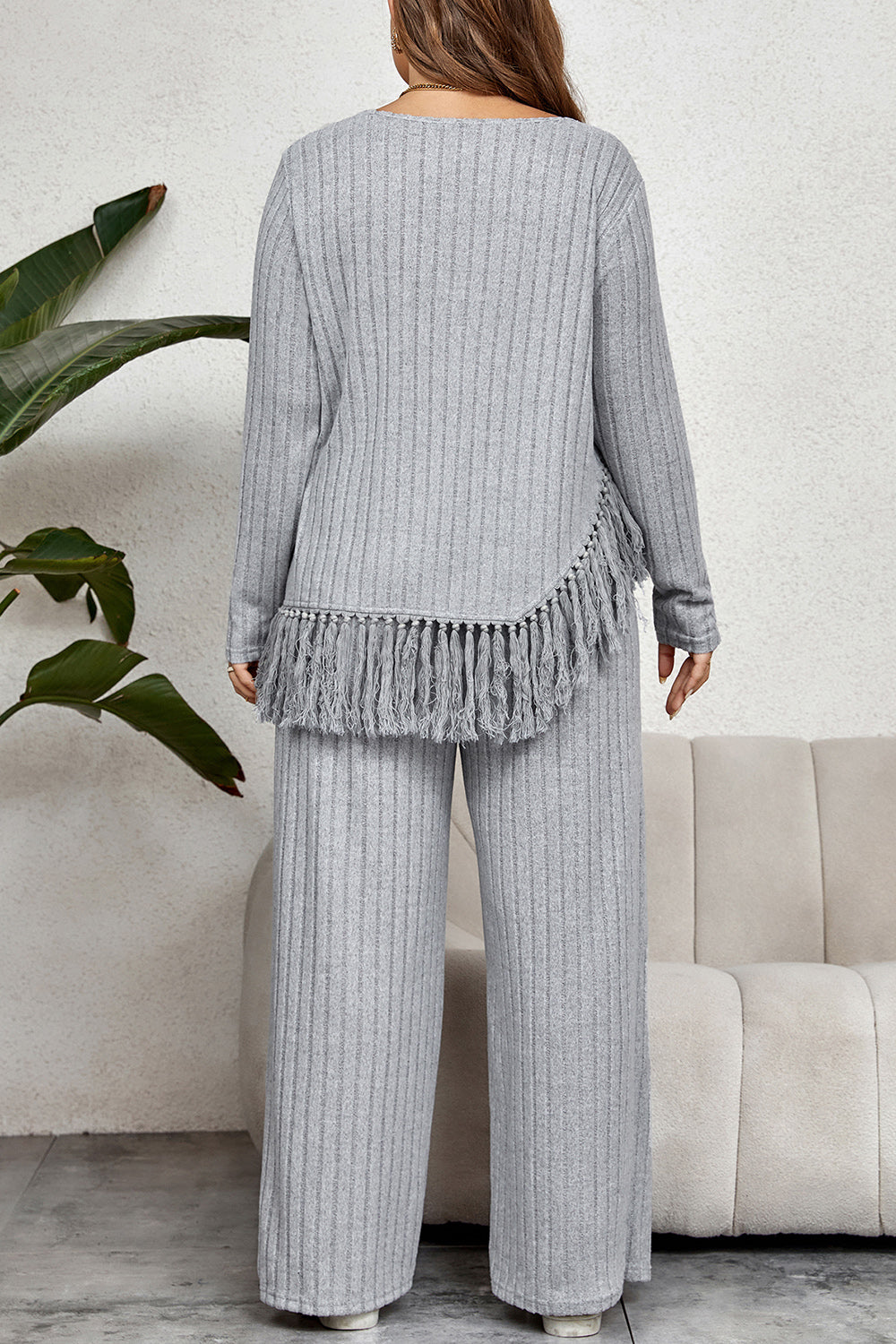 Honey Plus Size Tassel Hem Top and Pants Set 
