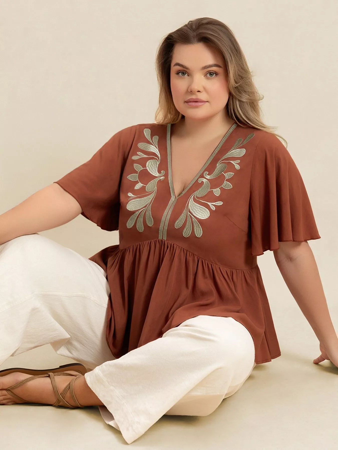 Plus Size Embroidered V-Neck Flutter Sleeve Blouse 