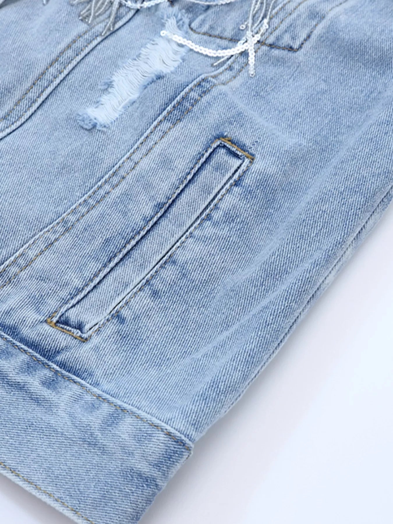 Fringed Sequin Embellished Denim Jacket 
