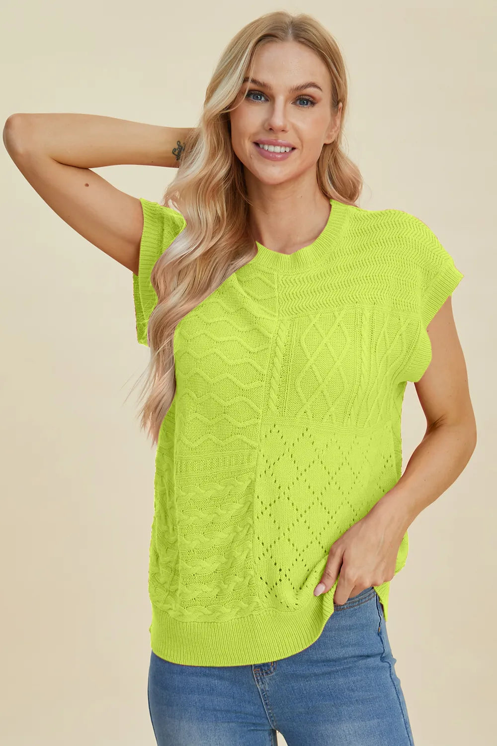 Double Take Full Size Cable-Knit Round Neck Cap Sleeve Sweater 