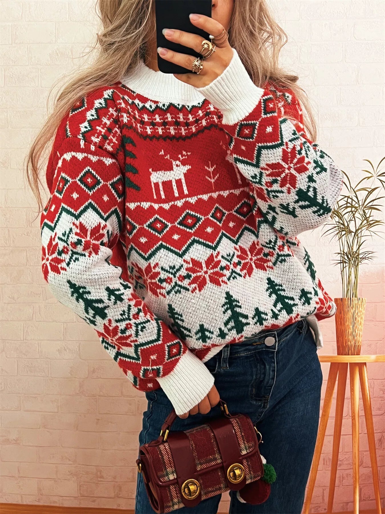Christmas Reindeer Pattern Round Neck Sweater 