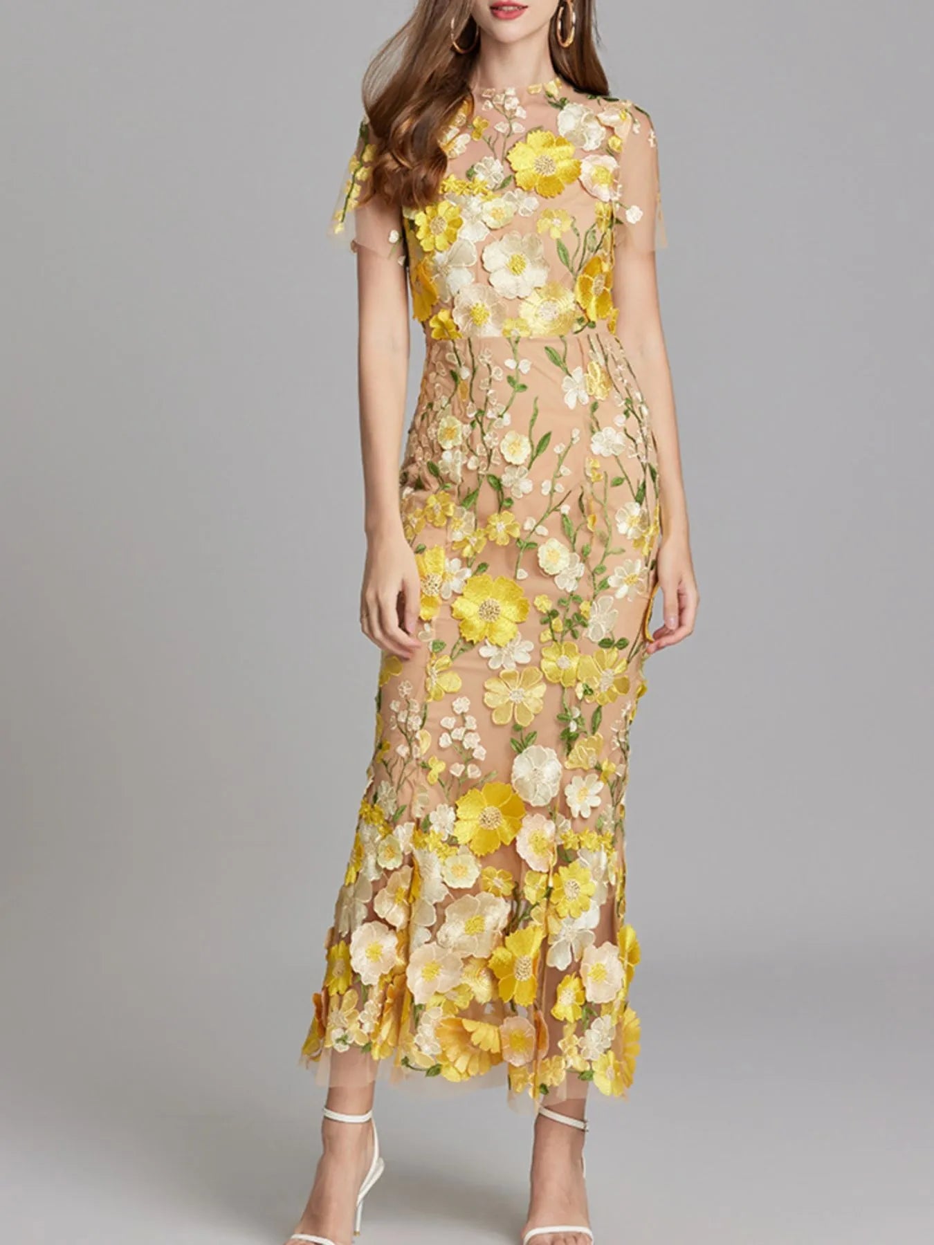 Floral Embroidered Mesh Overlay Maxi Dress 
