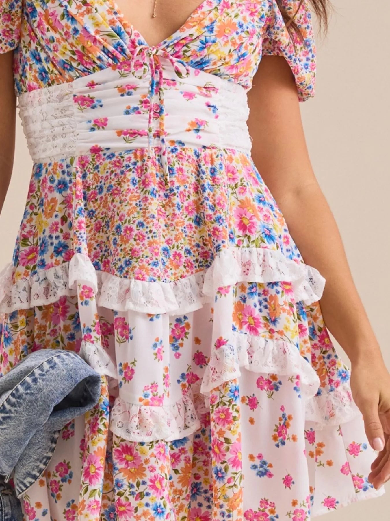 Floral Puff Sleeve Tiered Mini Dress 