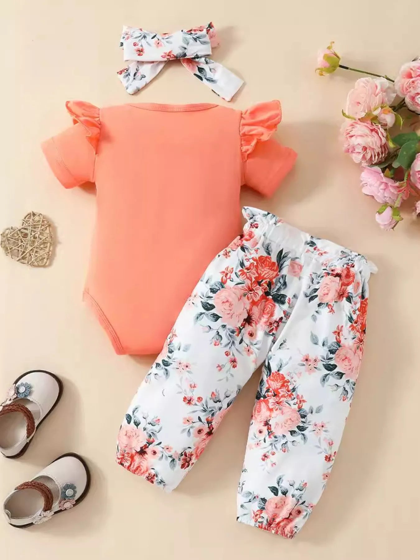 Children's Ruffled Short Sleeve Bodysuit and Pants Set with Headband 