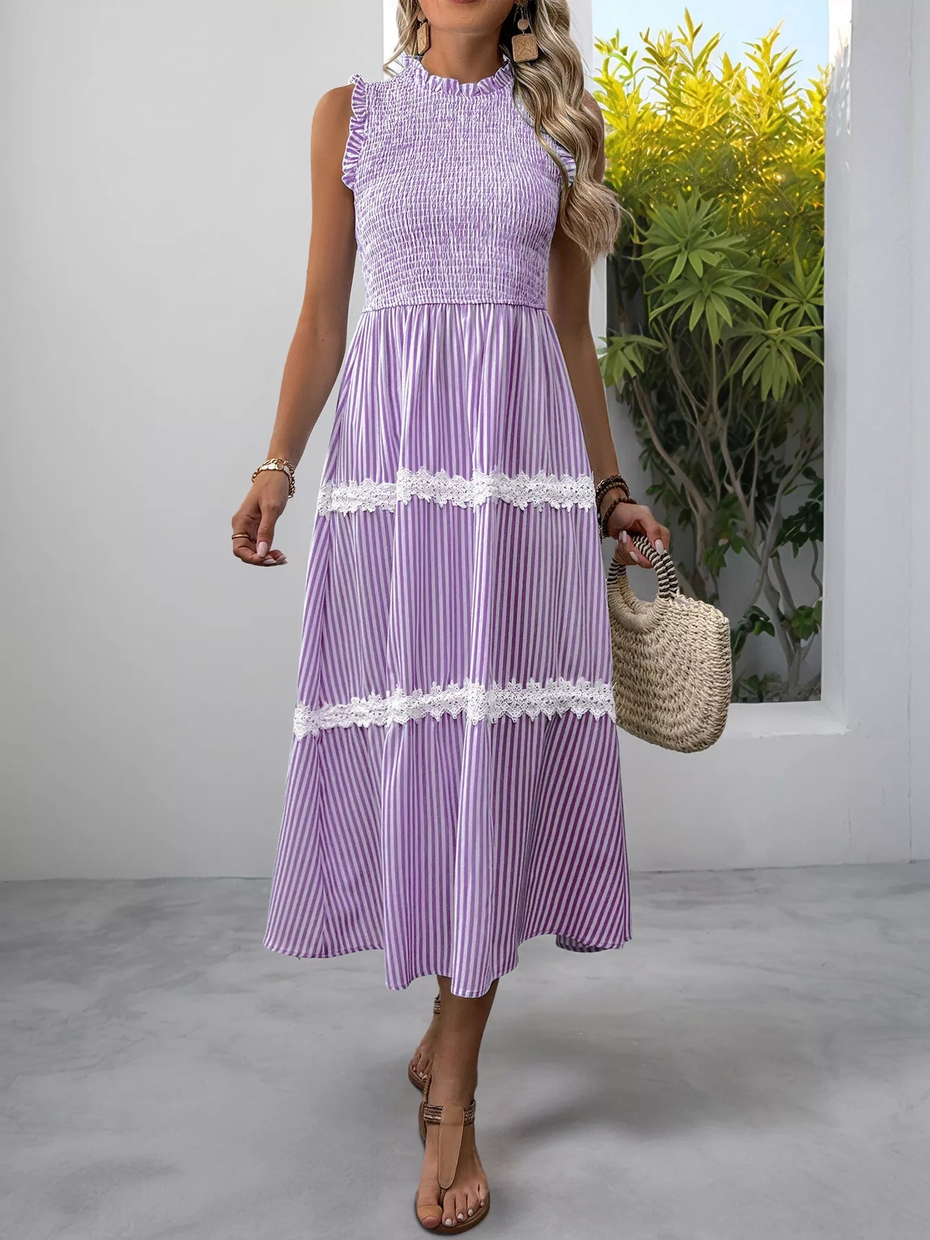 Smocked Striped Lace Trim Sleeveless Midi Dress 
