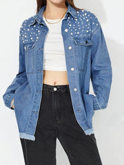 Raw Hem Pearl Trim Collared Neck Denim Top 
