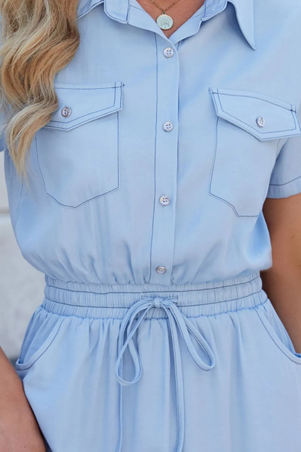 Drawstring Collared Neck Short Sleeve Denim Dress 