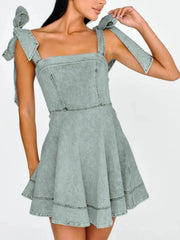 Bow-Shoulder Square Neck Denim Mini Dress 