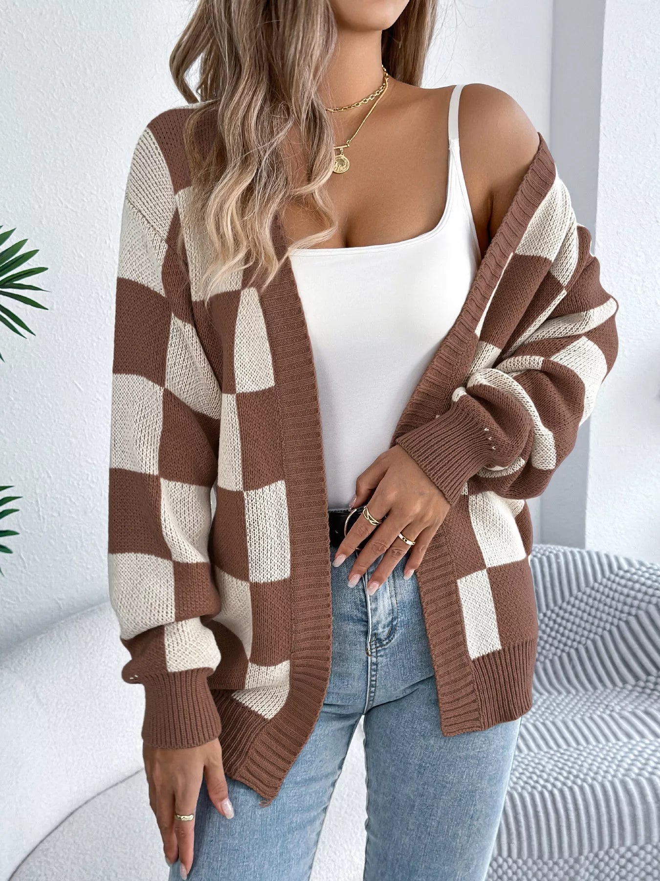 Checkered Pattern Open Front Cardigan 